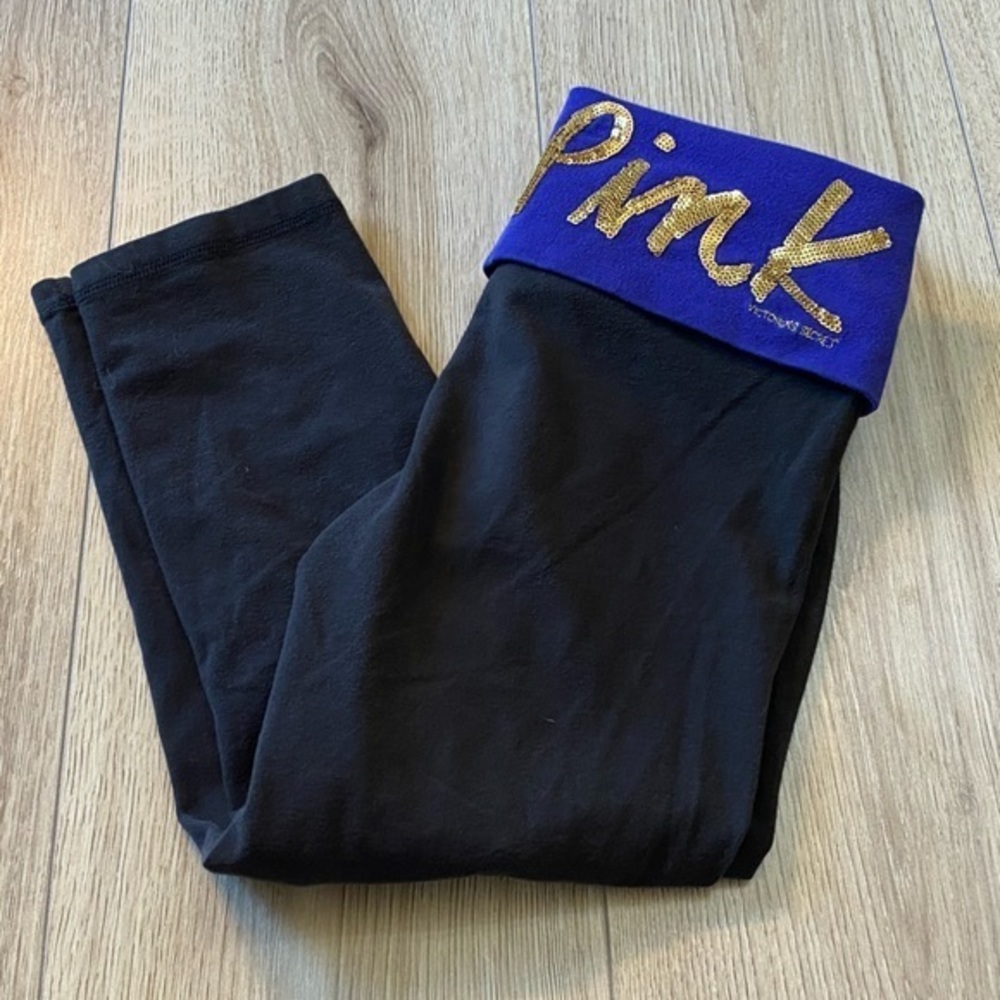 PINK Victoria's Secret Black Leggings with Blue and Gold Waistband
